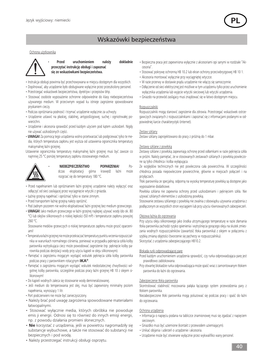 Wskazówki bezpieczeństwa | IKA HB 10 User Manual | Page 40 / 52