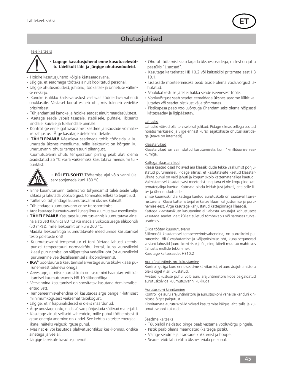 Ohutusjuhised | IKA HB 10 User Manual | Page 45 / 52