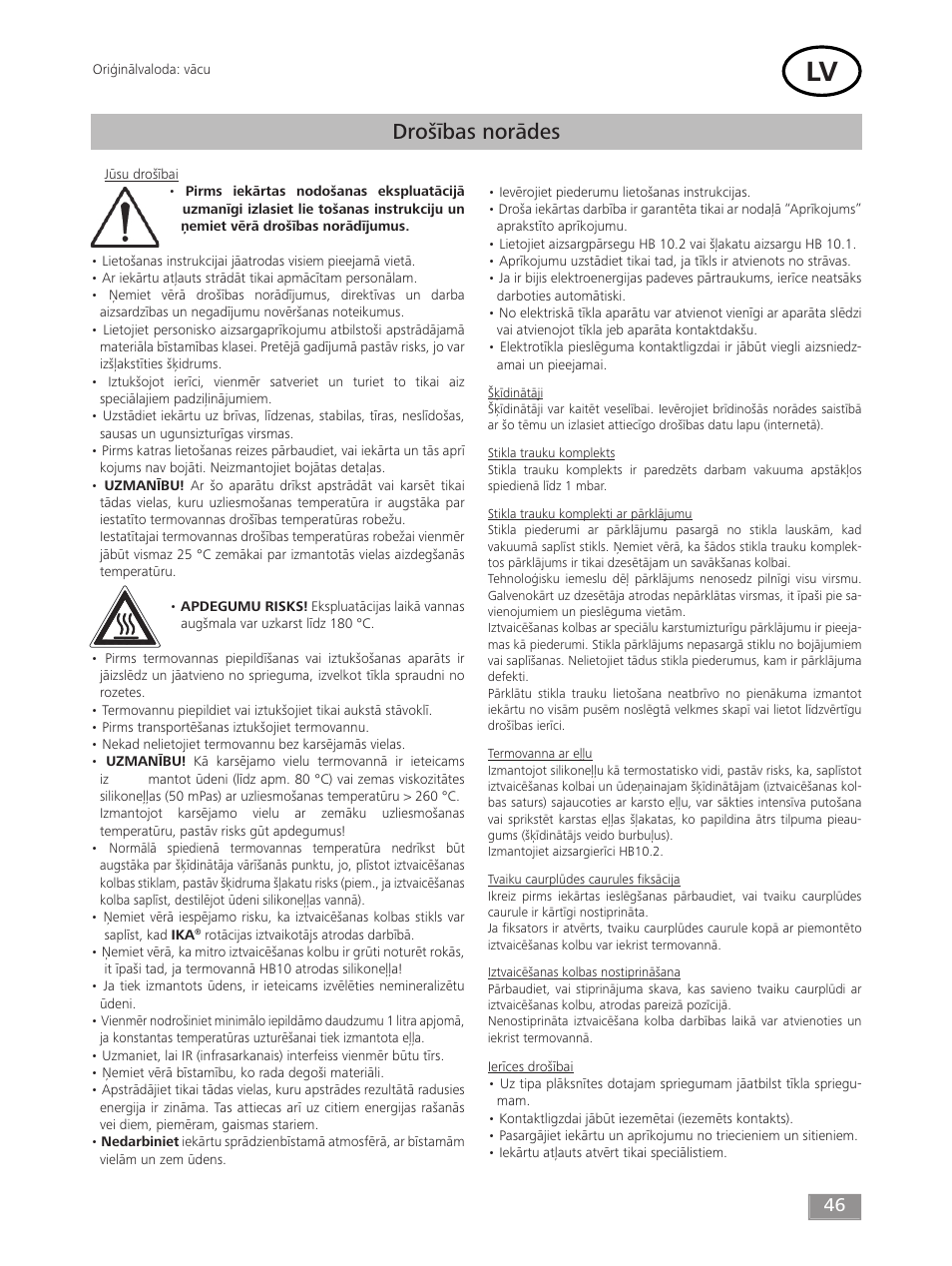 Drošības norādes | IKA HB 10 User Manual | Page 46 / 52