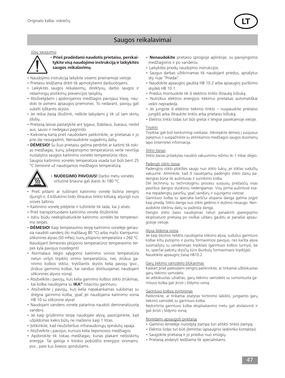Saugos reikalavimai | IKA HB 10 User Manual | Page 47 / 52