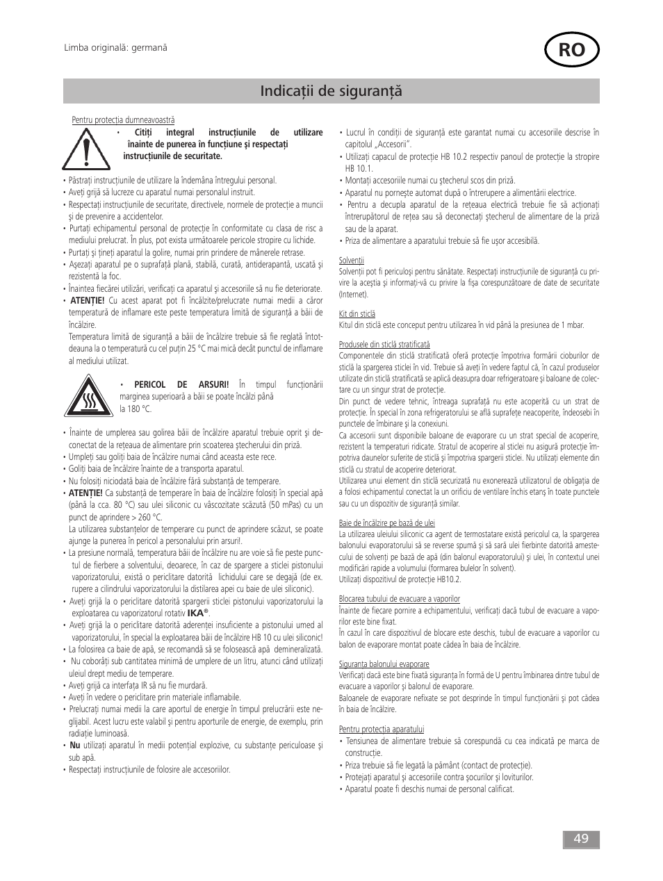 Indicaţii de siguranţă | IKA HB 10 User Manual | Page 49 / 52