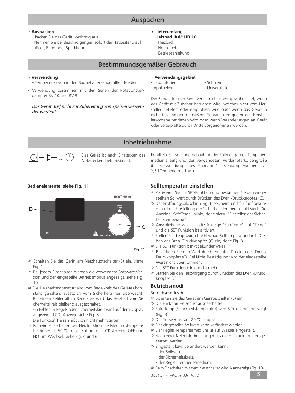 Auspacken, Bestimmungsgemäßer gebrauch, Inbetriebnahme | IKA HB 10 User Manual | Page 5 / 52