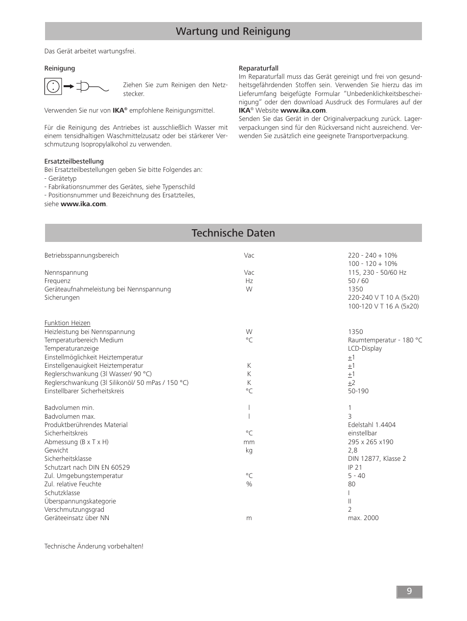 Wartung und reinigung, Technische daten | IKA HB 10 User Manual | Page 9 / 52