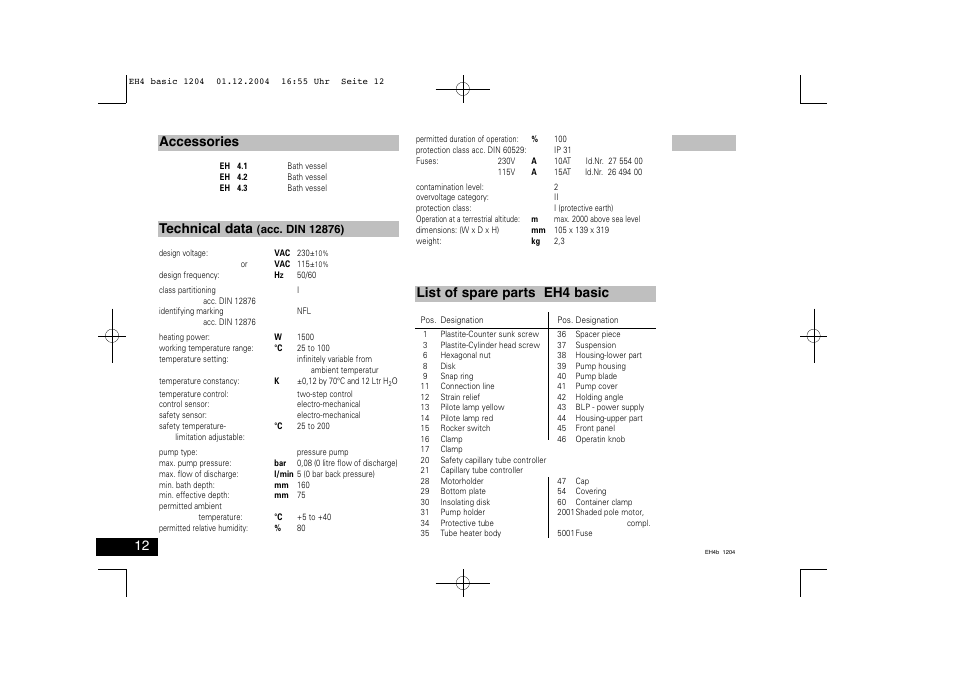 Accessories technical data, List of spare parts eh4 basic | IKA EH 4 basic User Manual | Page 12 / 20