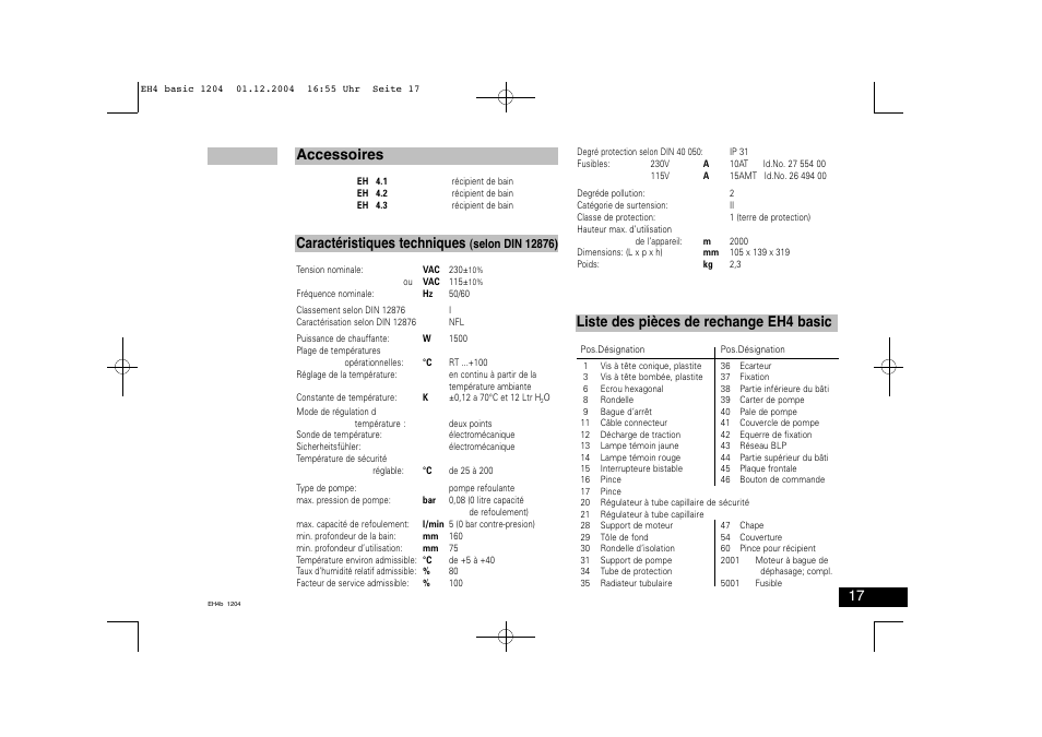 Accessoires caractéristiques techniques, Liste des pièces de rechange eh4 basic | IKA EH 4 basic User Manual | Page 17 / 20