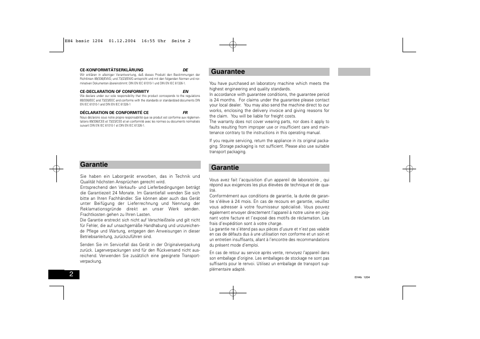 Guarantee garantie, Garantie | IKA EH 4 basic User Manual | Page 2 / 20