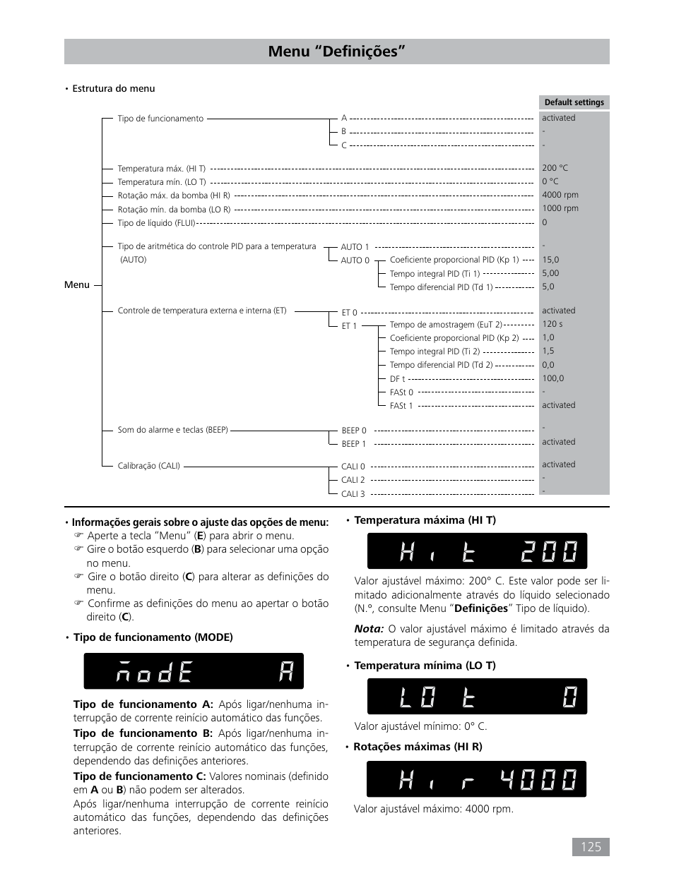Menu “definições | IKA HBC 10 baisc User Manual | Page 125 / 168