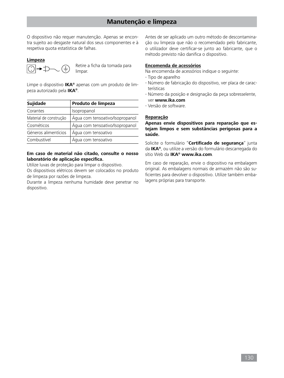 Manutenção e limpeza | IKA HBC 10 baisc User Manual | Page 130 / 168