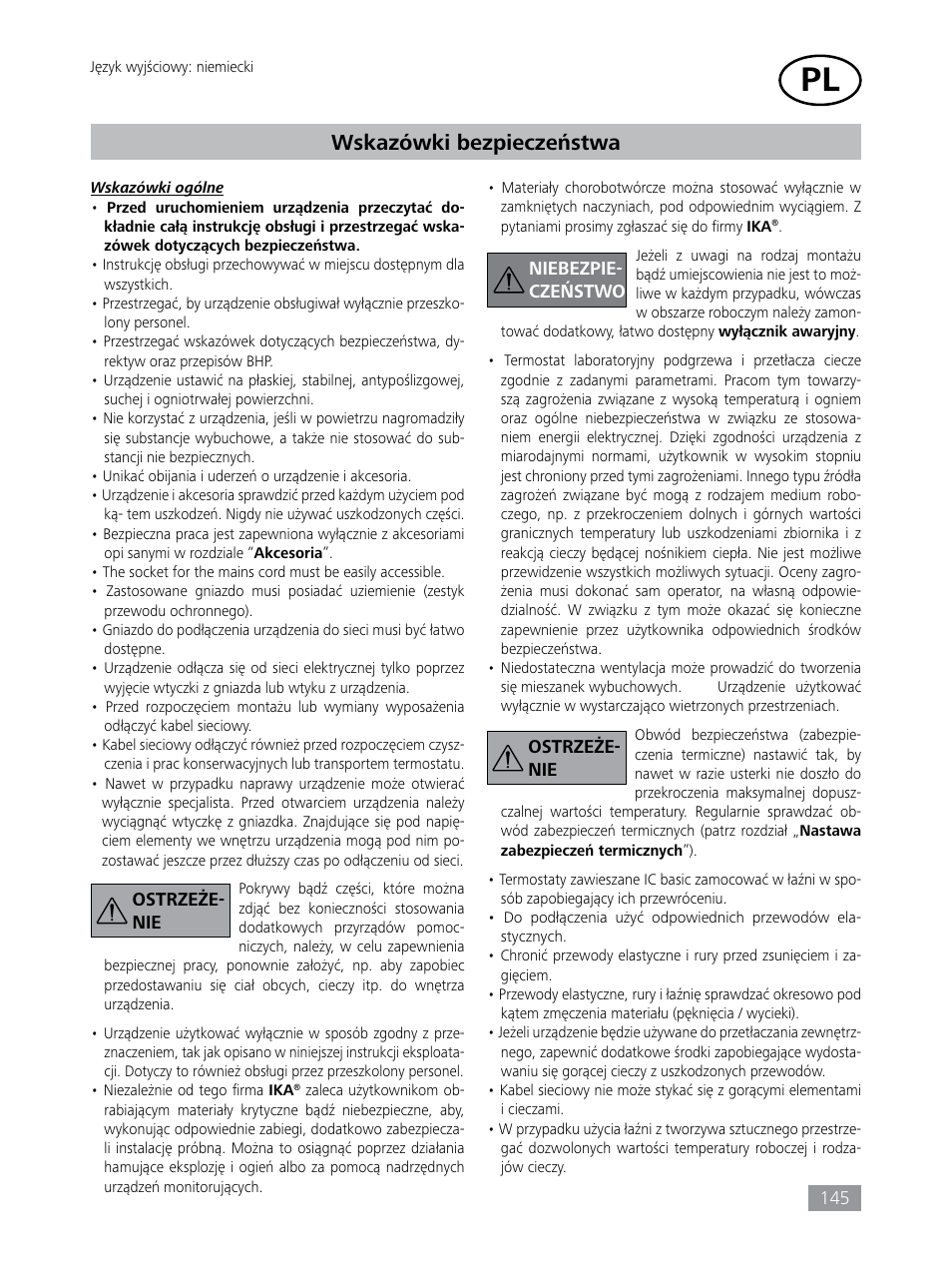 Wskazówki bezpieczeństwa | IKA HBC 10 baisc User Manual | Page 145 / 168