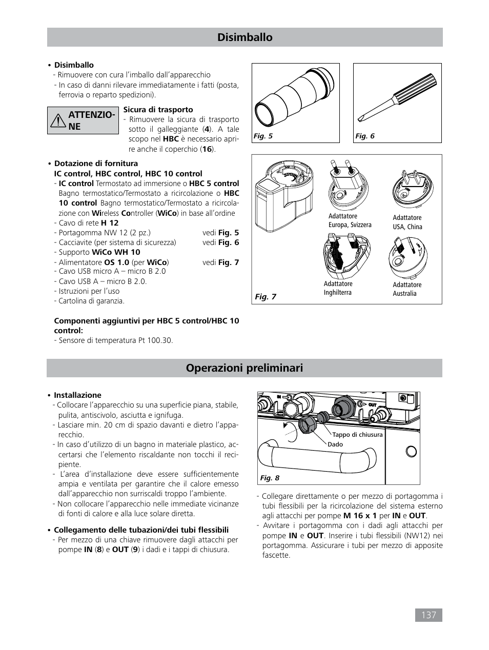 Disimballo, Operazioni preliminari | IKA HBC 10 control User Manual | Page 137 / 232