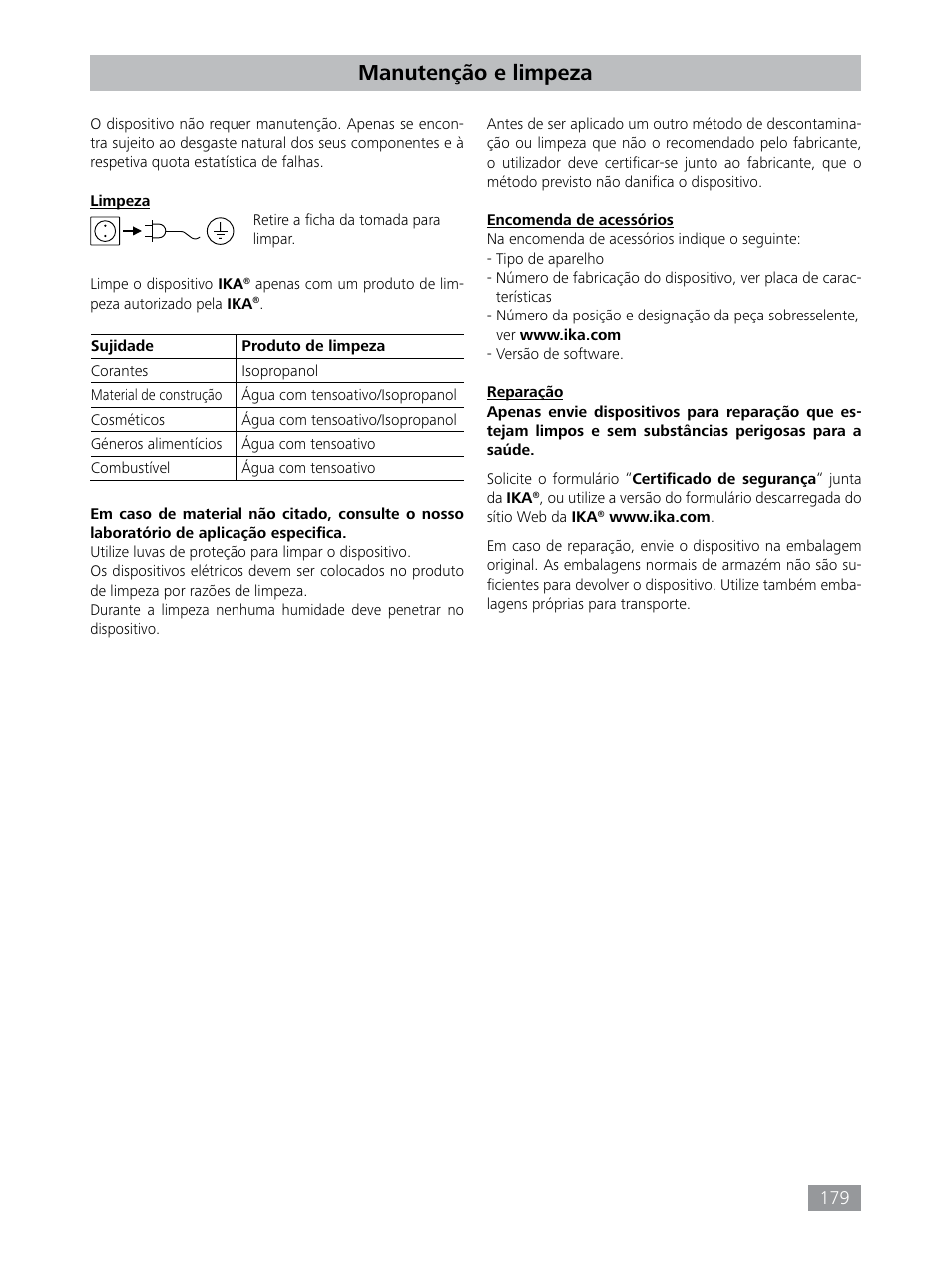 Manutenção e limpeza | IKA HBC 10 control User Manual | Page 179 / 232