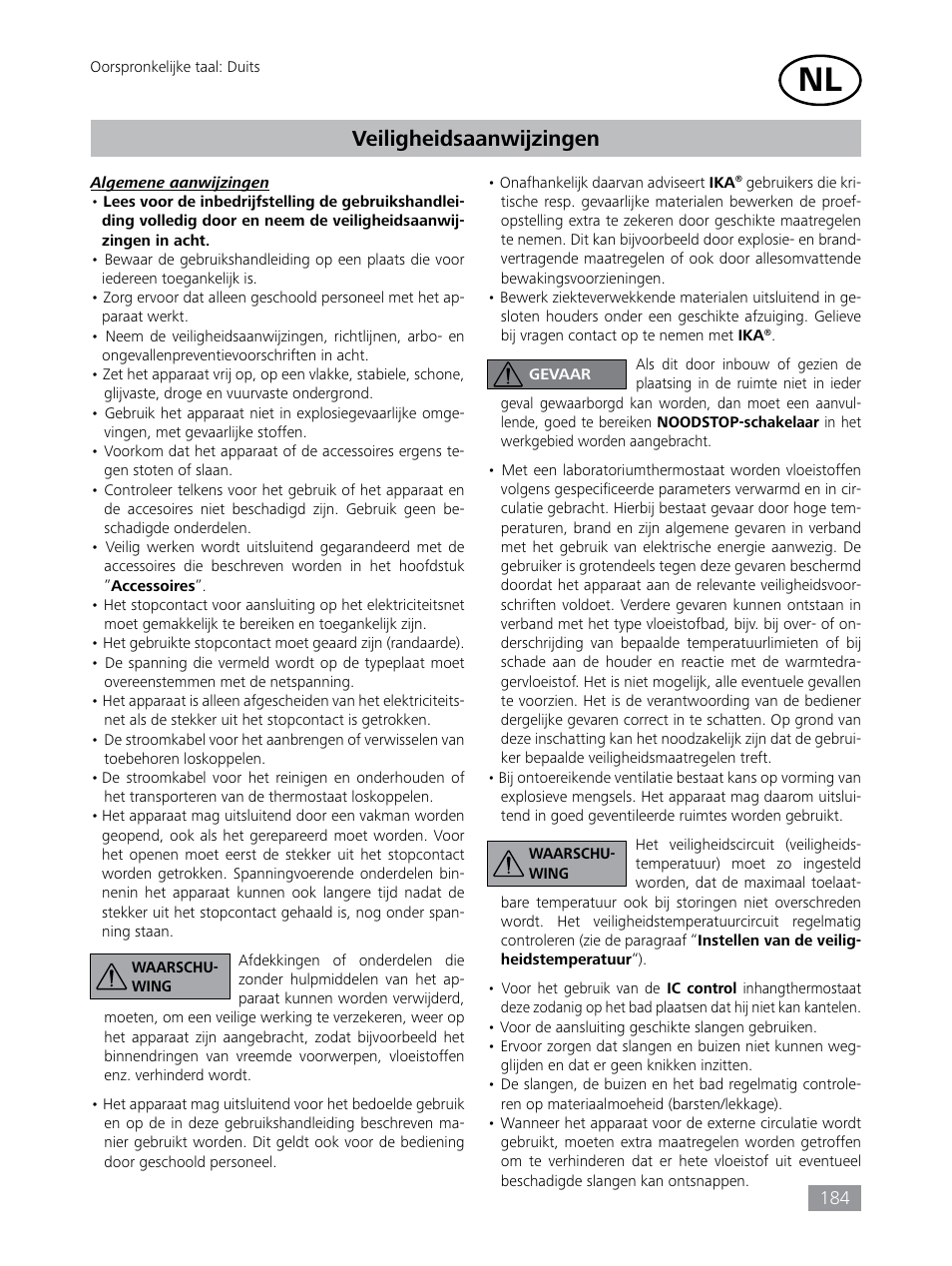 Veiligheidsaanwijzingen | IKA HBC 10 control User Manual | Page 184 / 232