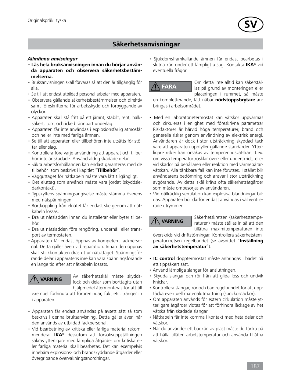Säkerhetsanvisningar | IKA HBC 10 control User Manual | Page 187 / 232
