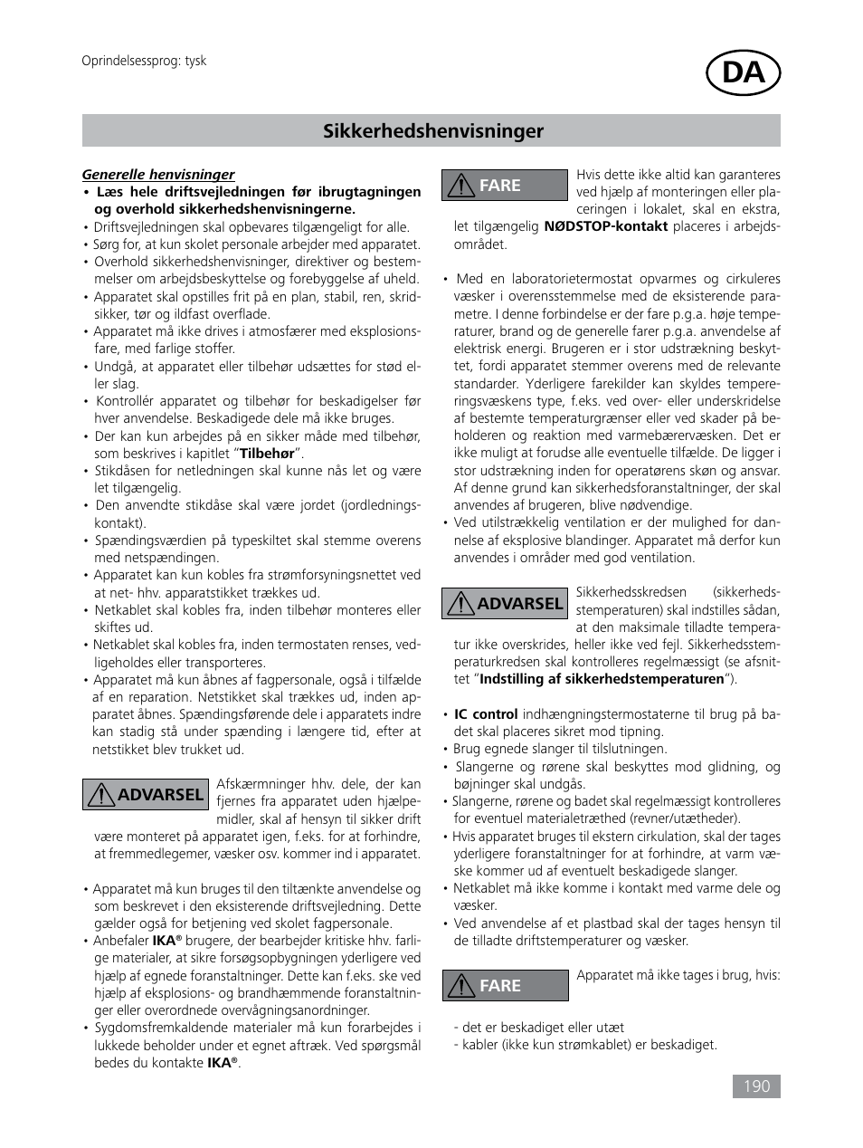Sikkerhedshenvisninger | IKA HBC 10 control User Manual | Page 190 / 232