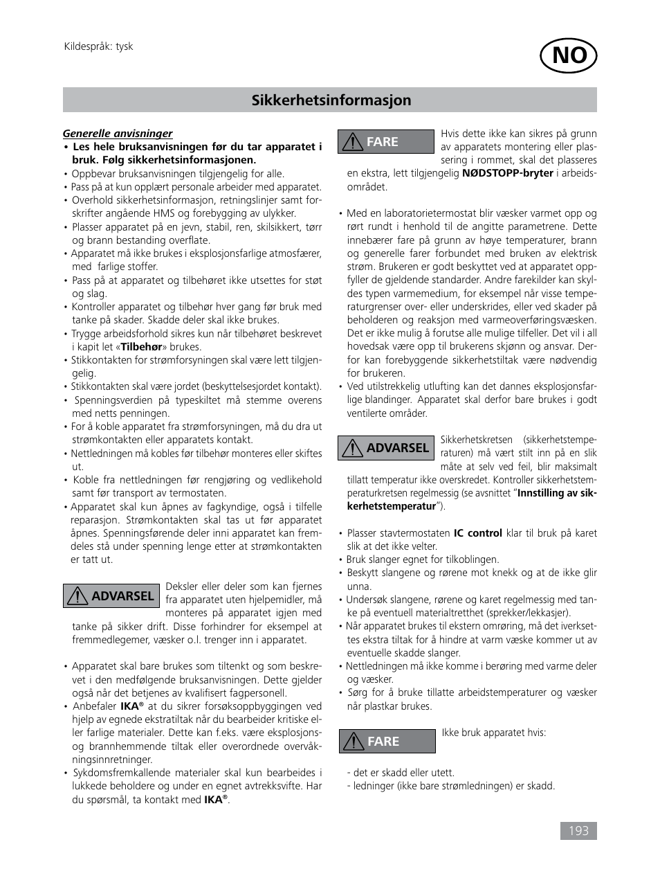 Sikkerhetsinformasjon | IKA HBC 10 control User Manual | Page 193 / 232
