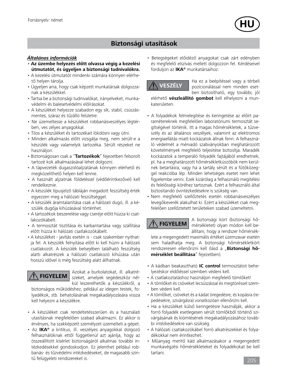 Biztonsági utasítások | IKA HBC 10 control User Manual | Page 205 / 232