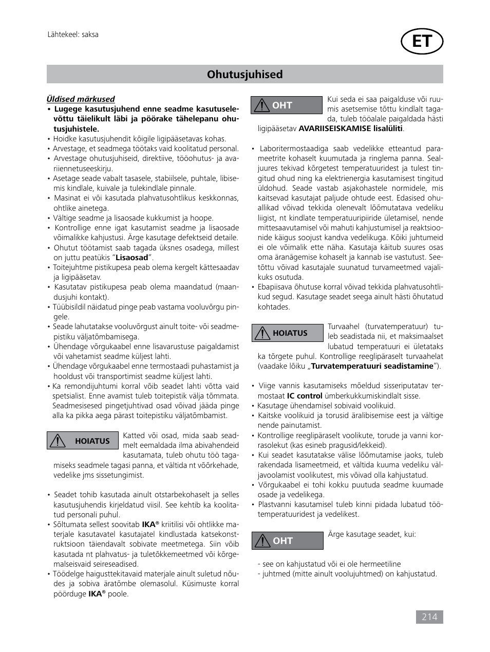 Ohutusjuhised | IKA HBC 10 control User Manual | Page 214 / 232