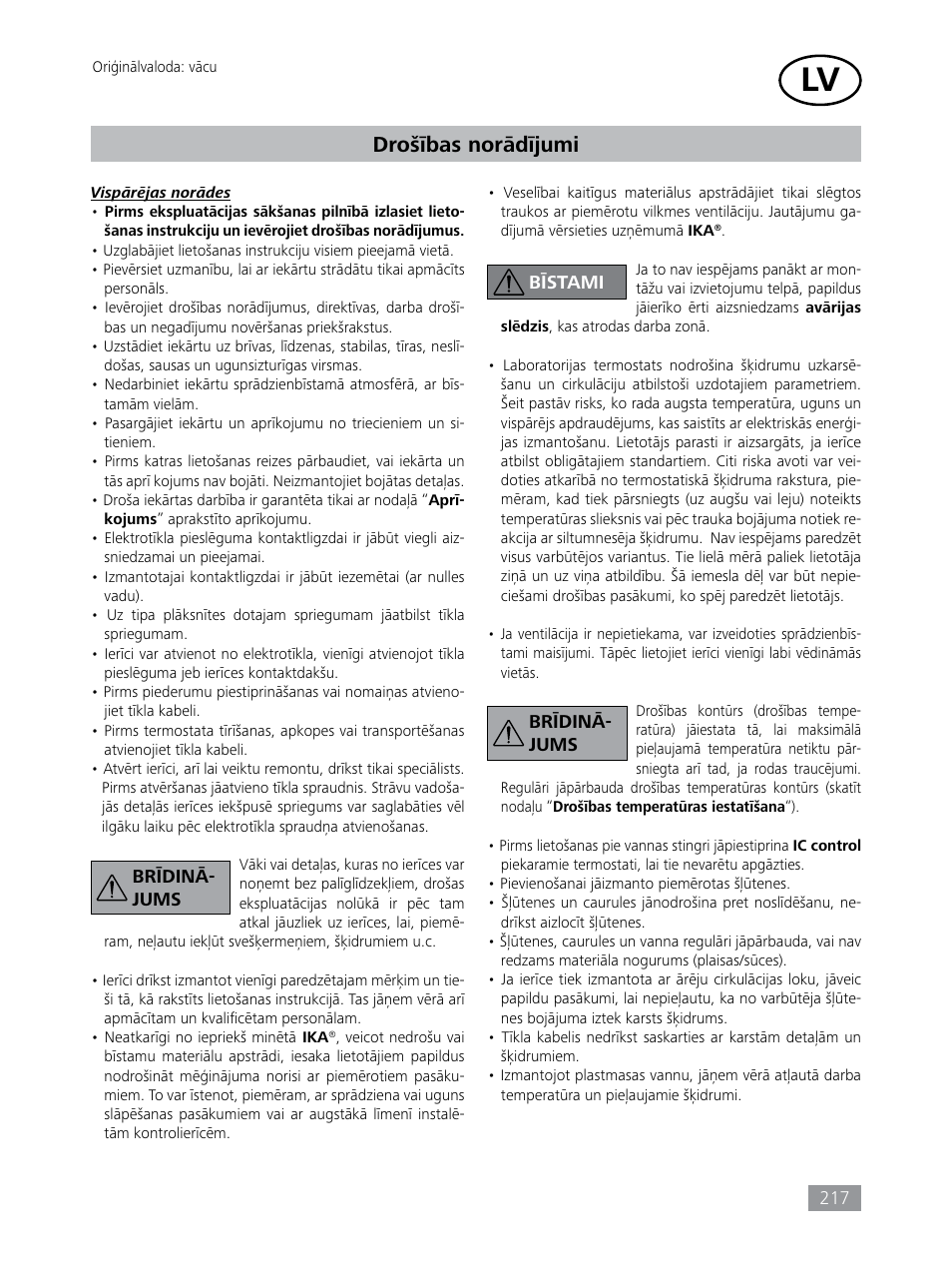 Drošības norādījumi | IKA HBC 10 control User Manual | Page 217 / 232
