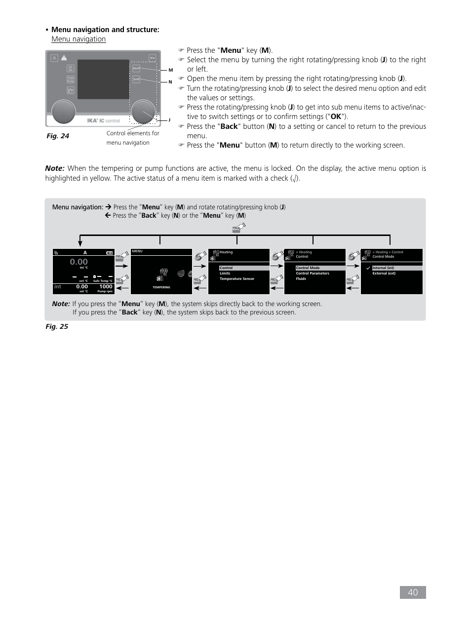 Menu navigation and structure: menu navigation, Press the " menu " key ( m ) | IKA HBC 10 control User Manual | Page 40 / 232