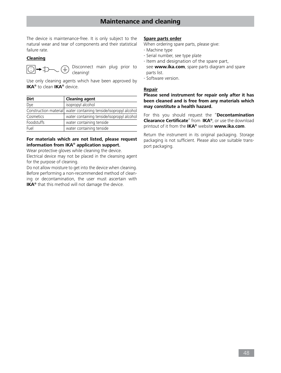 Maintenance and cleaning | IKA HBC 10 control User Manual | Page 48 / 232