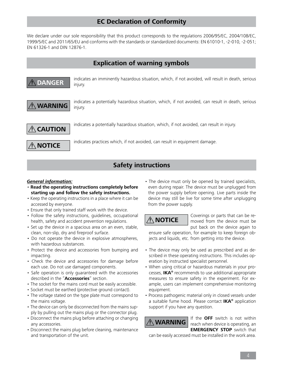 Explication of warning symbols safety instructions, Ec declaration of conformity, Danger caution warning notice | Notice warning | IKA RC 2 basic User Manual | Page 4 / 19