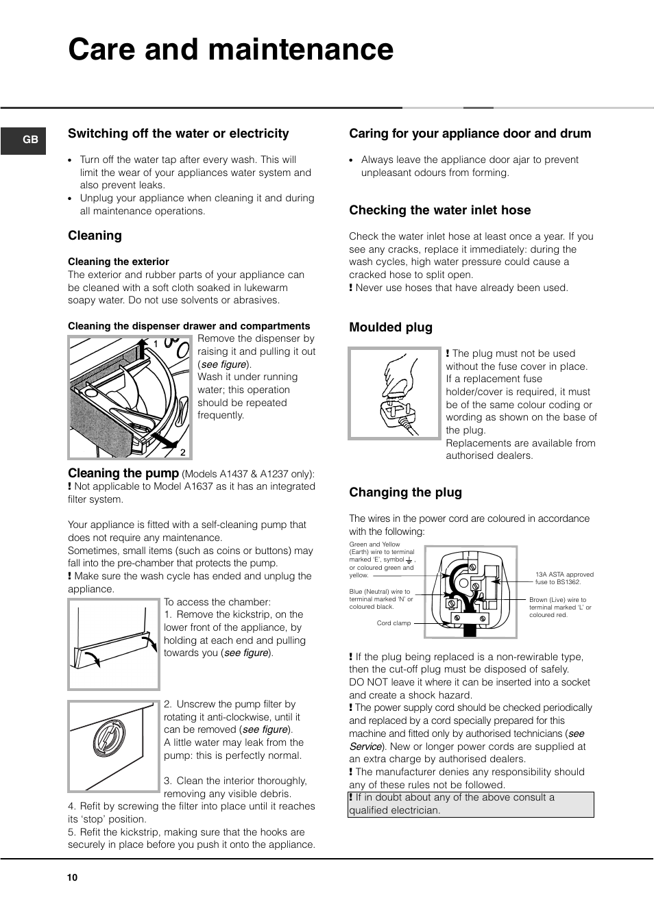 Care and maintenance, Switching off the water or electricity, Cleaning | Caring for your appliance door and drum, Checking the water inlet hose, Moulded plug, Changing the plug, Cleaning the pump | Ariston A1437 User Manual | Page 10 / 12