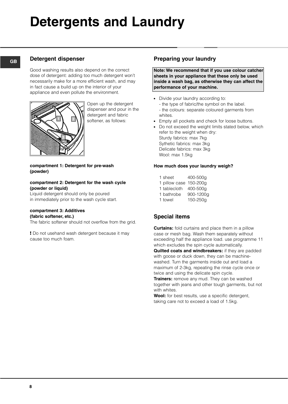 Detergents and laundry, Detergent dispenser, Preparing your laundry | Special items | Ariston A1437 User Manual | Page 8 / 12