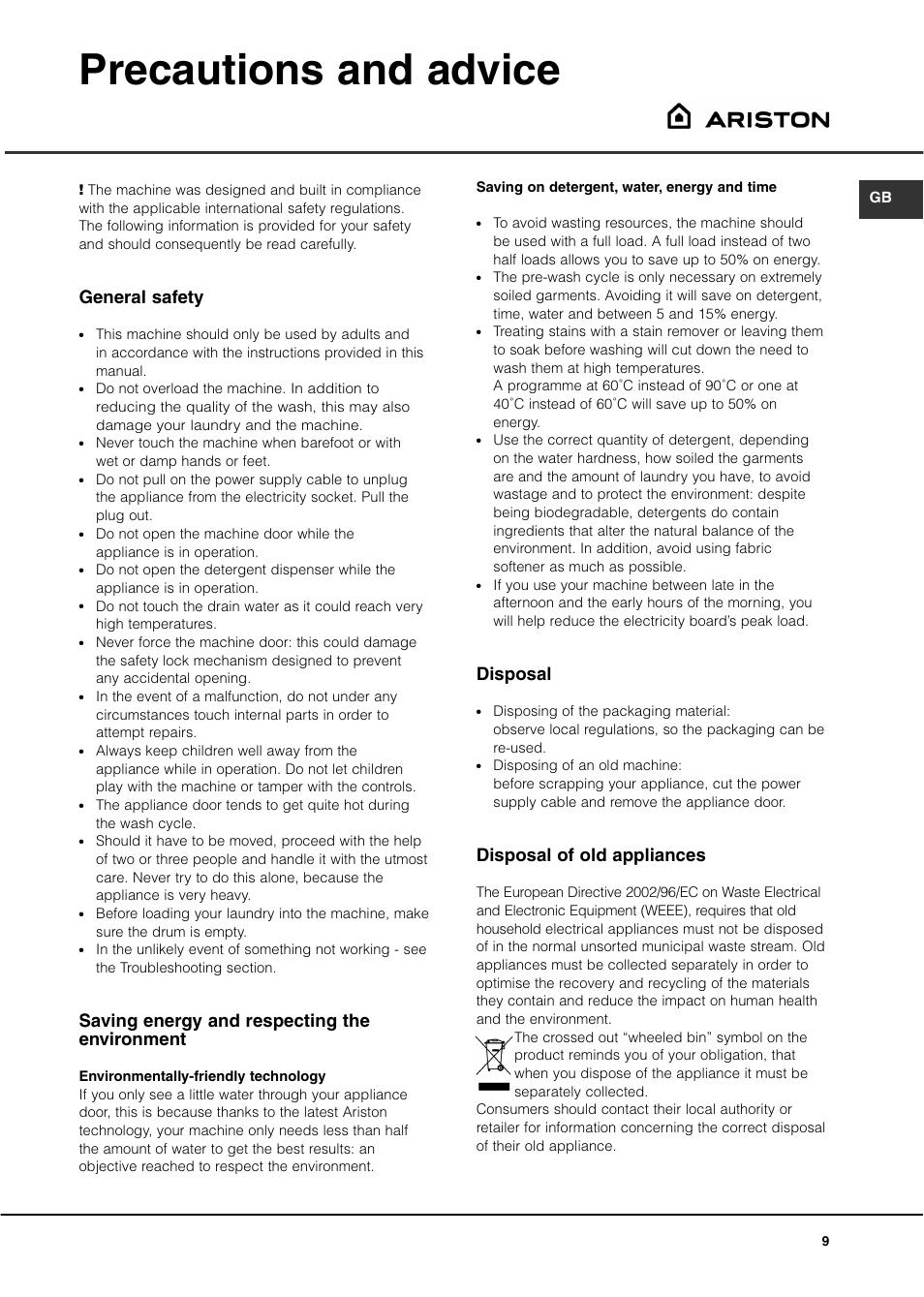 Precautions and advice, General safety, Saving energy and respecting the environment | Disposal, Disposal of old appliances | Ariston A1437 User Manual | Page 9 / 12