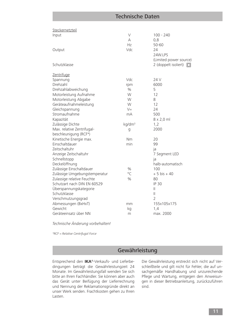 Gewährleistung technische daten | IKA mini G User Manual | Page 11 / 72