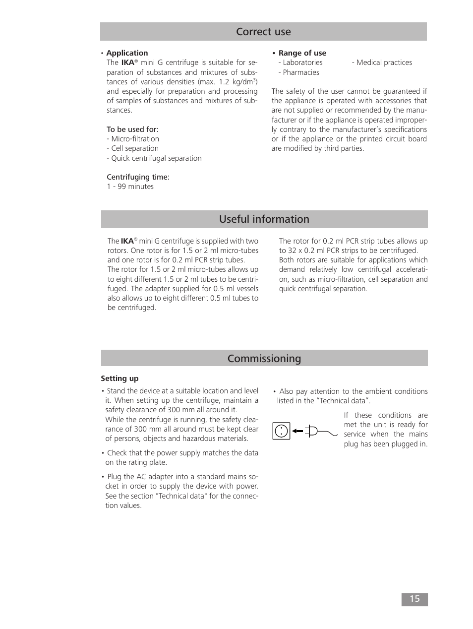 Useful information, Commissioning, Correct use | IKA mini G User Manual | Page 15 / 72