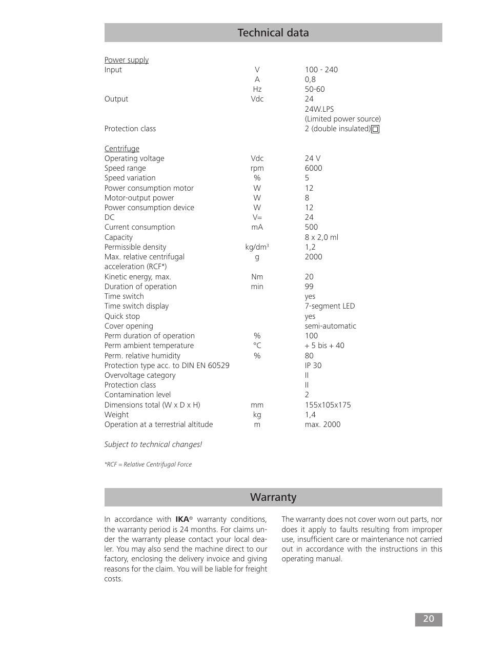 Warranty technical data | IKA mini G User Manual | Page 20 / 72
