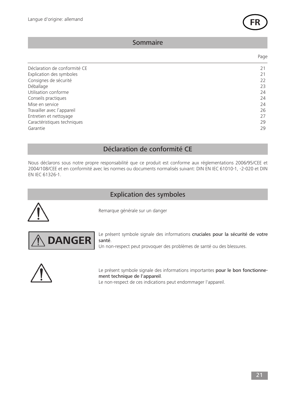 Danger, Sommaire | IKA mini G User Manual | Page 21 / 72
