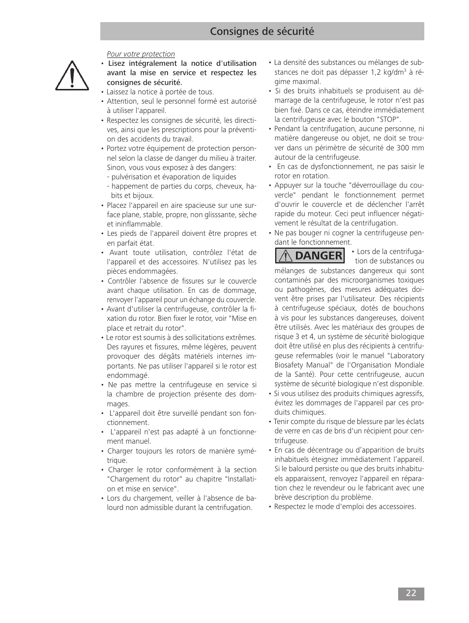 Danger, Consignes de sécurité | IKA mini G User Manual | Page 22 / 72
