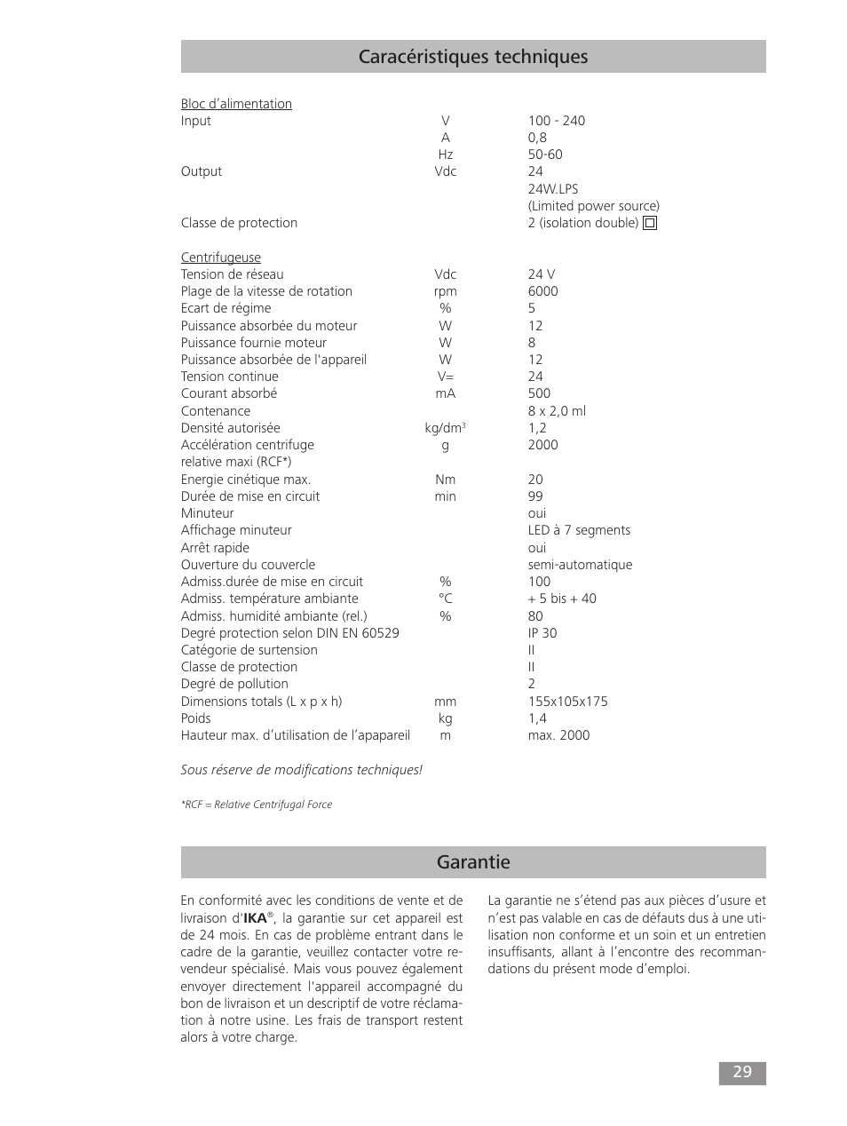 Garantie caracéristiques techniques | IKA mini G User Manual | Page 29 / 72