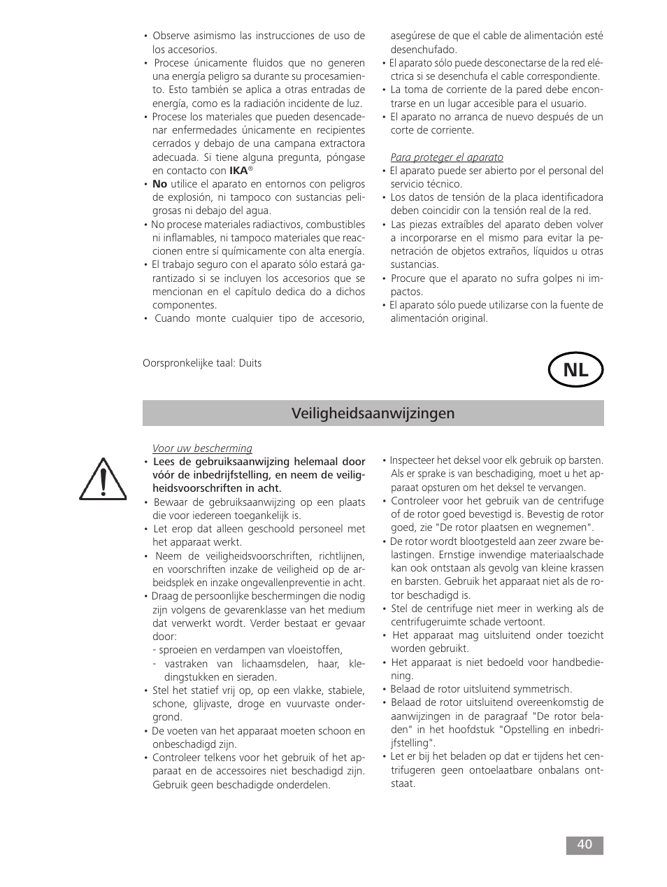 Veiligheidsaanwijzingen | IKA mini G User Manual | Page 40 / 72