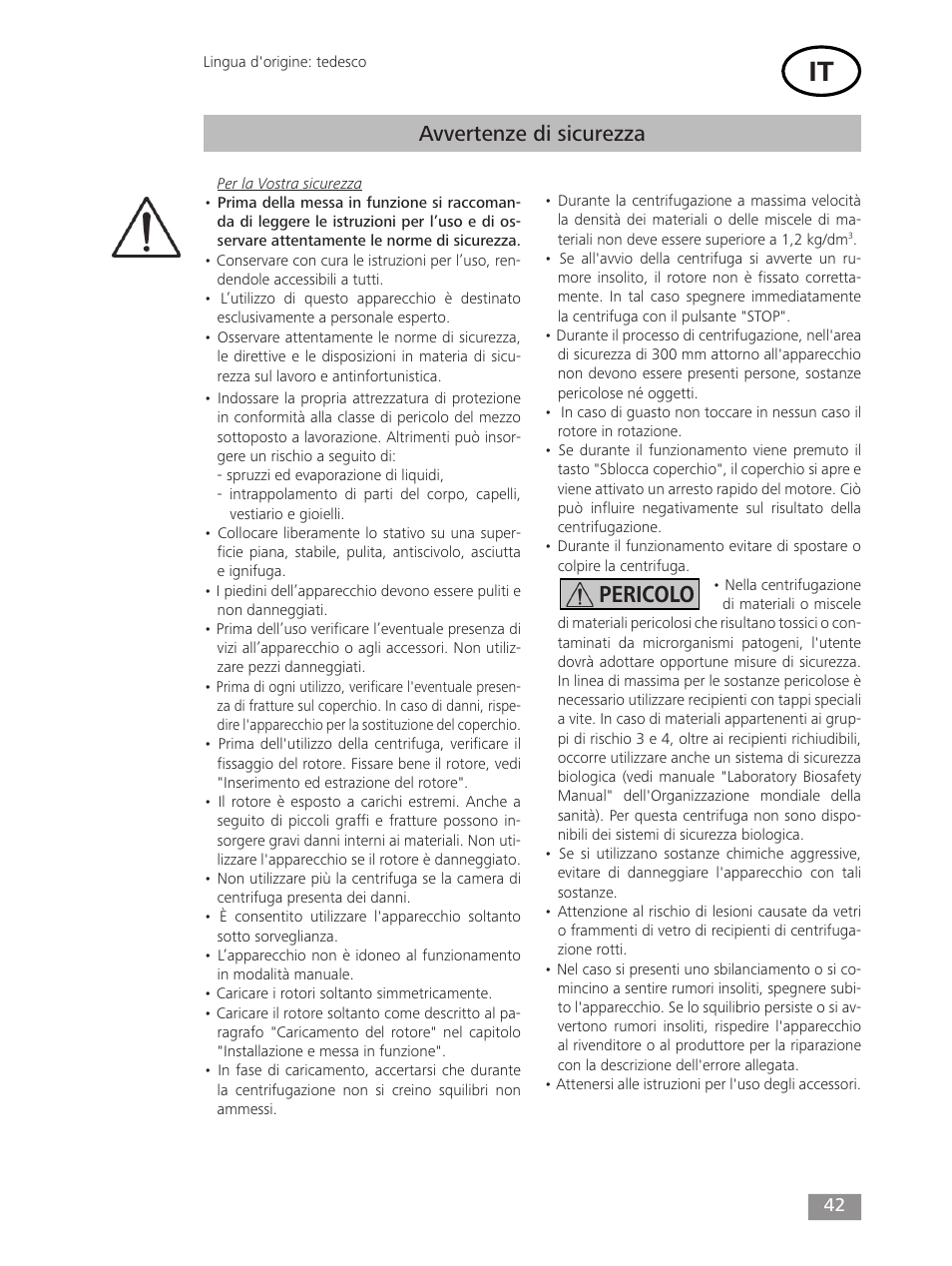 Pericolo, Avvertenze di sicurezza | IKA mini G User Manual | Page 42 / 72