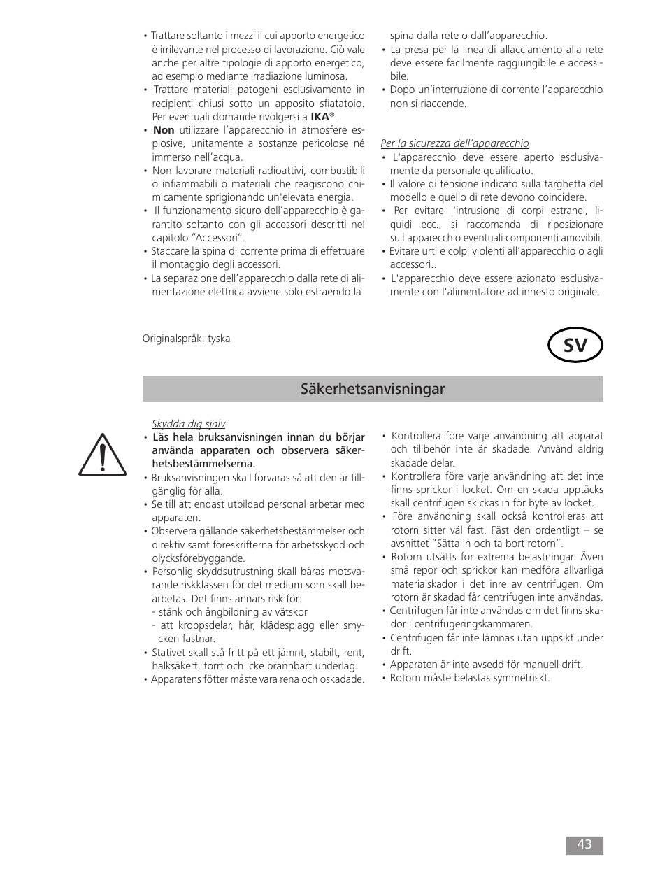 Säkerhetsanvisningar | IKA mini G User Manual | Page 43 / 72