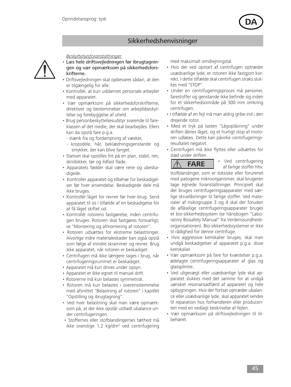 Fare, Sikkerhedshenvisninger | IKA mini G User Manual | Page 45 / 72