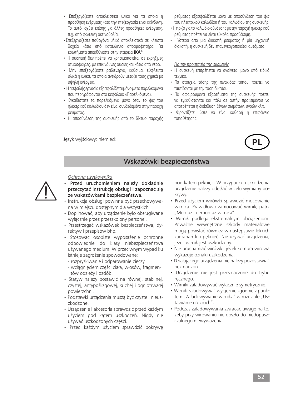 Wskazówki bezpieczeństwa | IKA mini G User Manual | Page 52 / 72