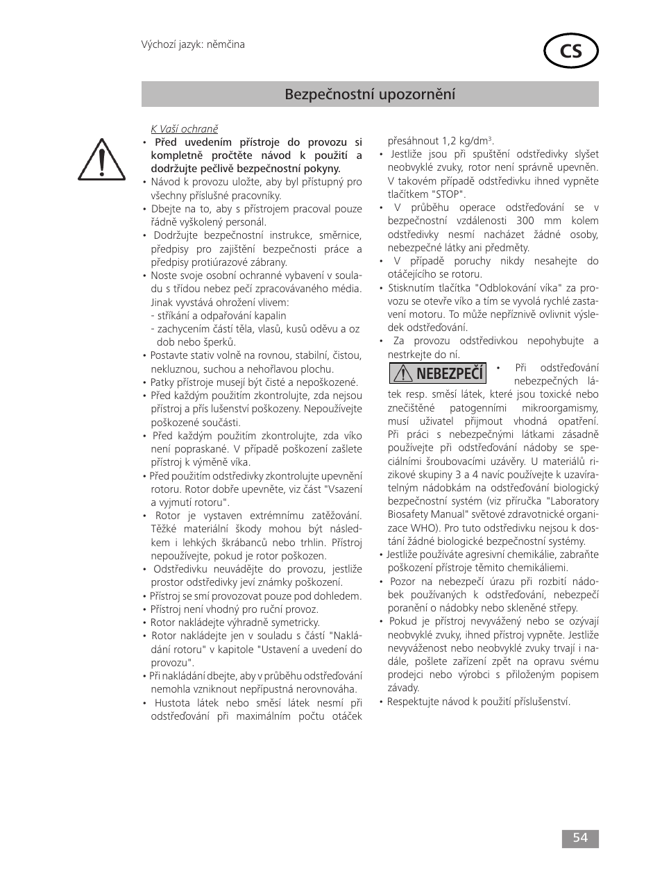 Nebezpečí, Bezpečnostní upozornění | IKA mini G User Manual | Page 54 / 72