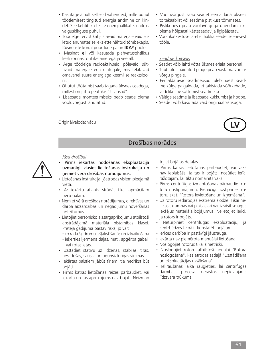 Drošības norādes | IKA mini G User Manual | Page 61 / 72