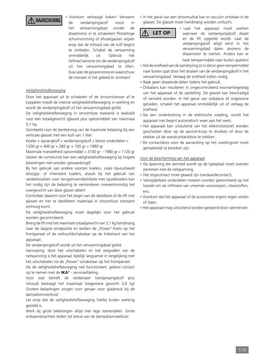 Waarschuwing, Let op | IKA RV 8 FLEX User Manual | Page 119 / 156