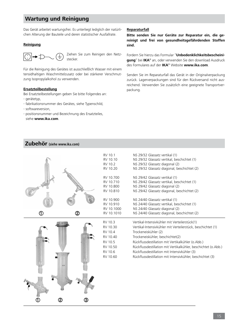 Wartung und reinigung, Zubehör | IKA RV 8 FLEX User Manual | Page 15 / 156