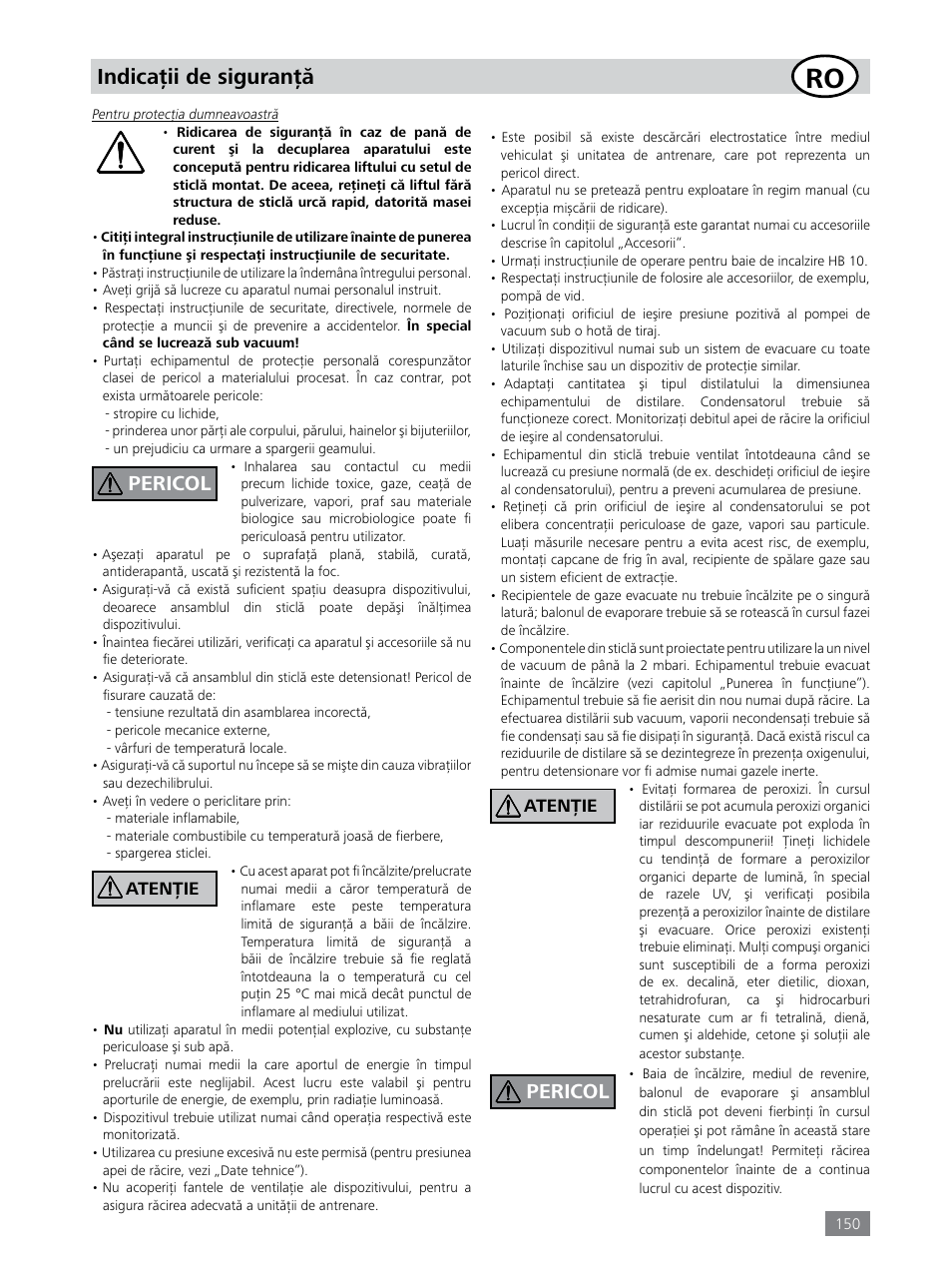 Indicaţii de siguranţă, Pericol | IKA RV 8 FLEX User Manual | Page 150 / 156