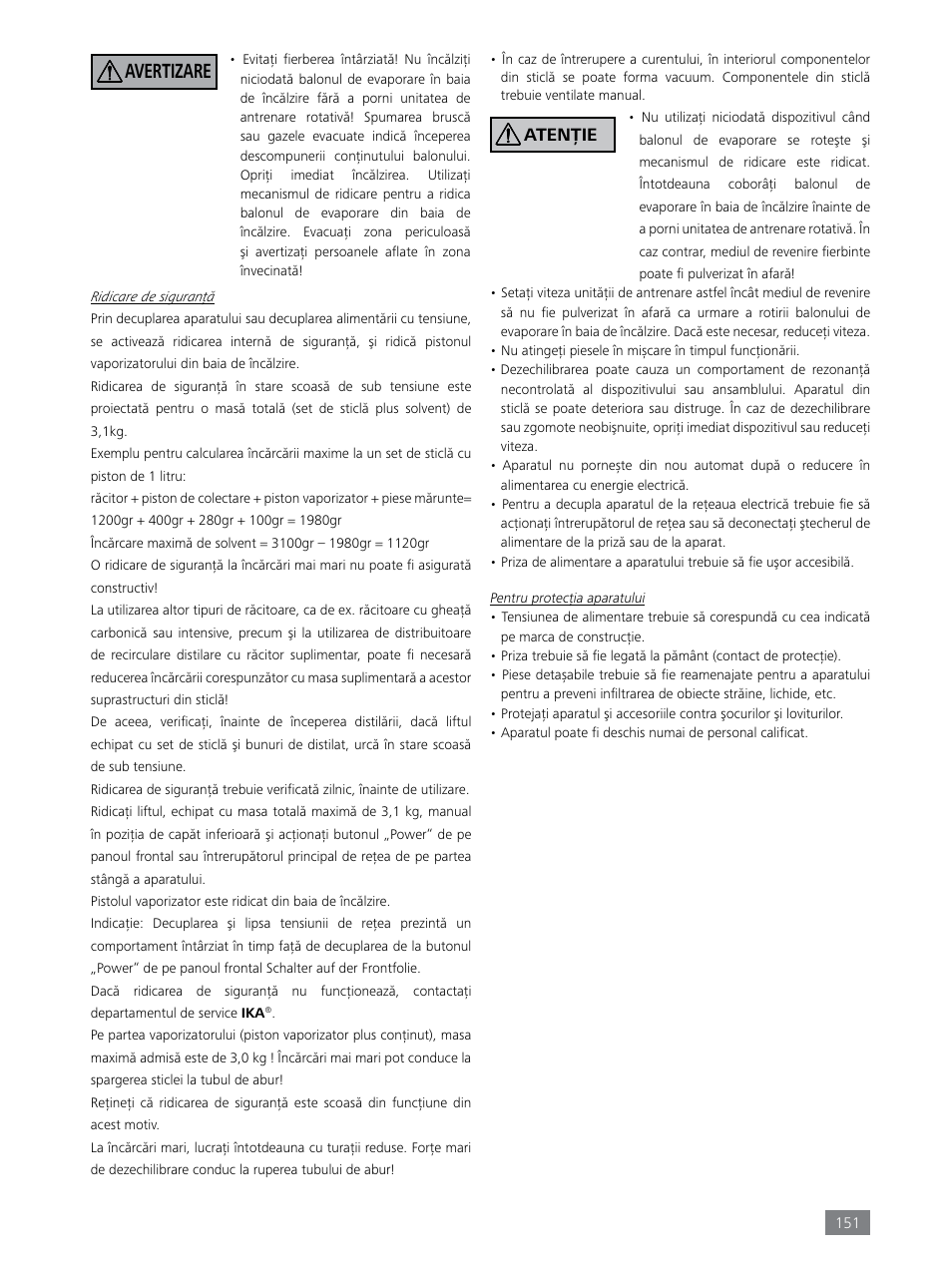 Avertizare, Atenţie | IKA RV 8 FLEX User Manual | Page 151 / 156