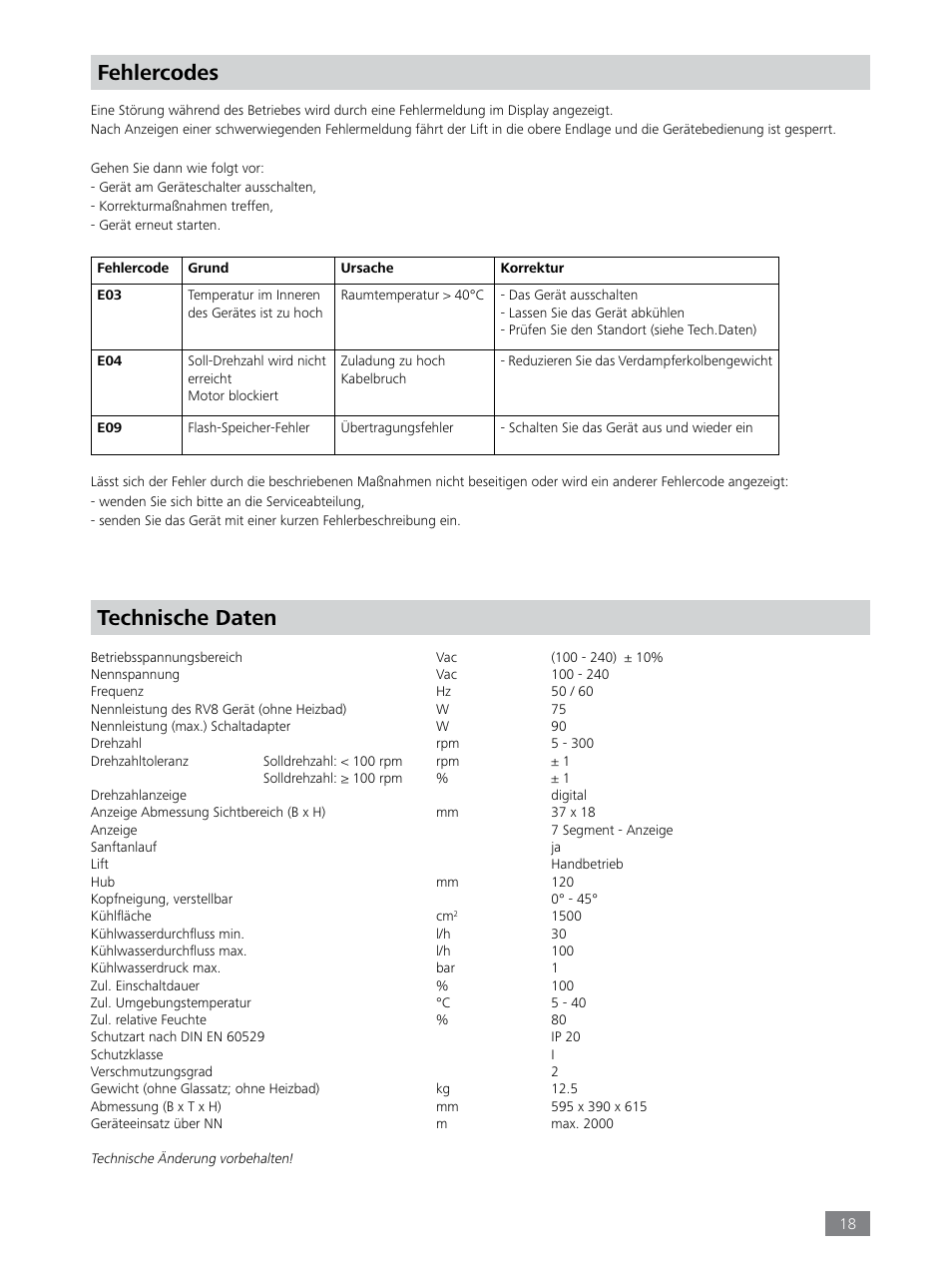 Technische daten, Fehlercodes | IKA RV 8 FLEX User Manual | Page 18 / 156