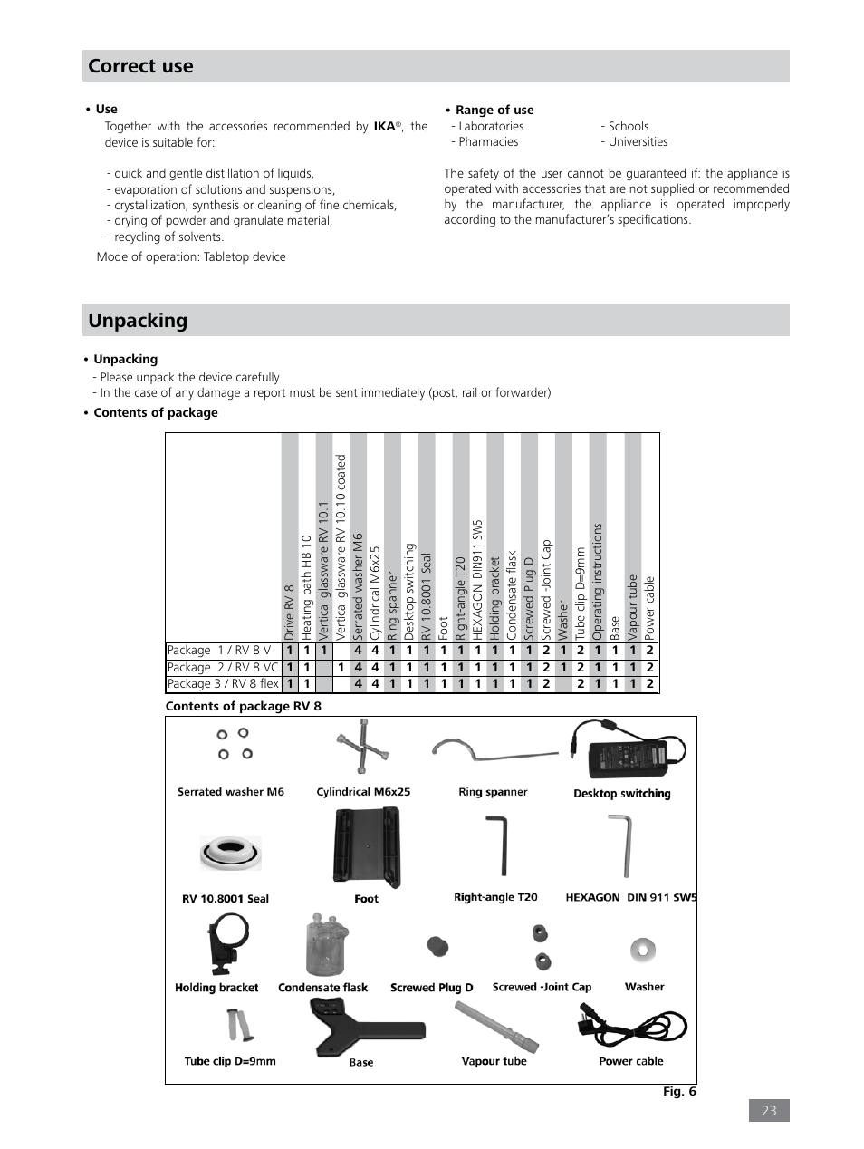 Correct use, Unpacking | IKA RV 8 FLEX User Manual | Page 23 / 156