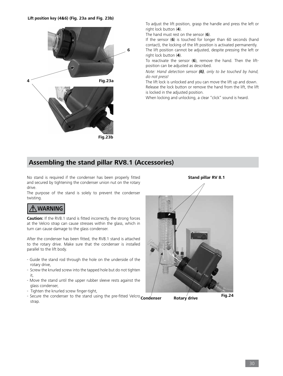 Assembling the stand pillar rv8.1 (accessories), Warning | IKA RV 8 FLEX User Manual | Page 30 / 156