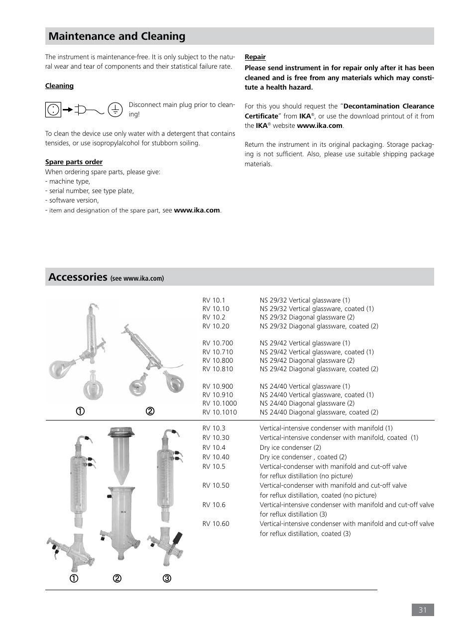 Maintenance and cleaning, Accessories | IKA RV 8 FLEX User Manual | Page 31 / 156