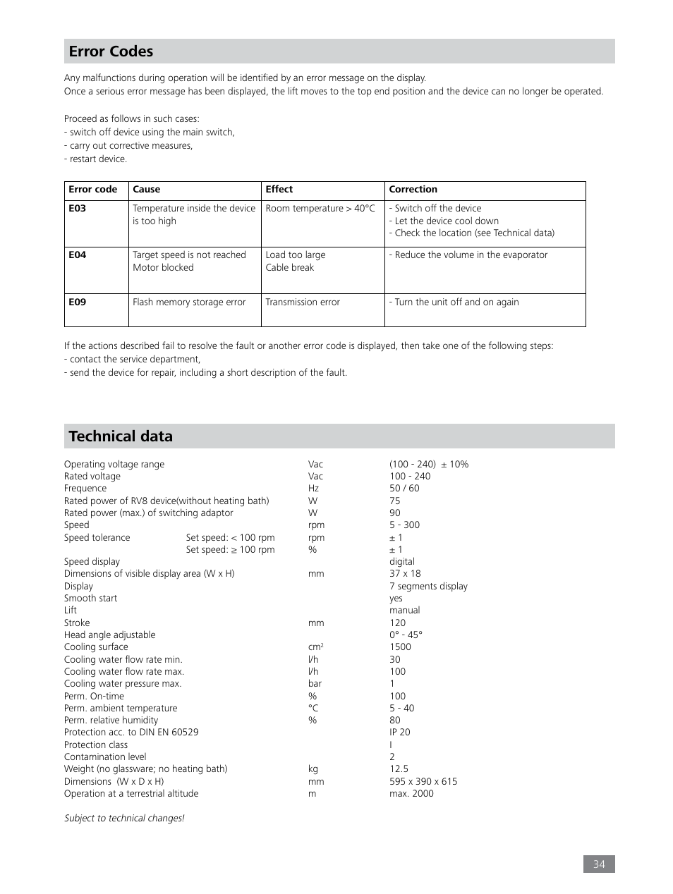 Technical data, Error codes | IKA RV 8 FLEX User Manual | Page 34 / 156